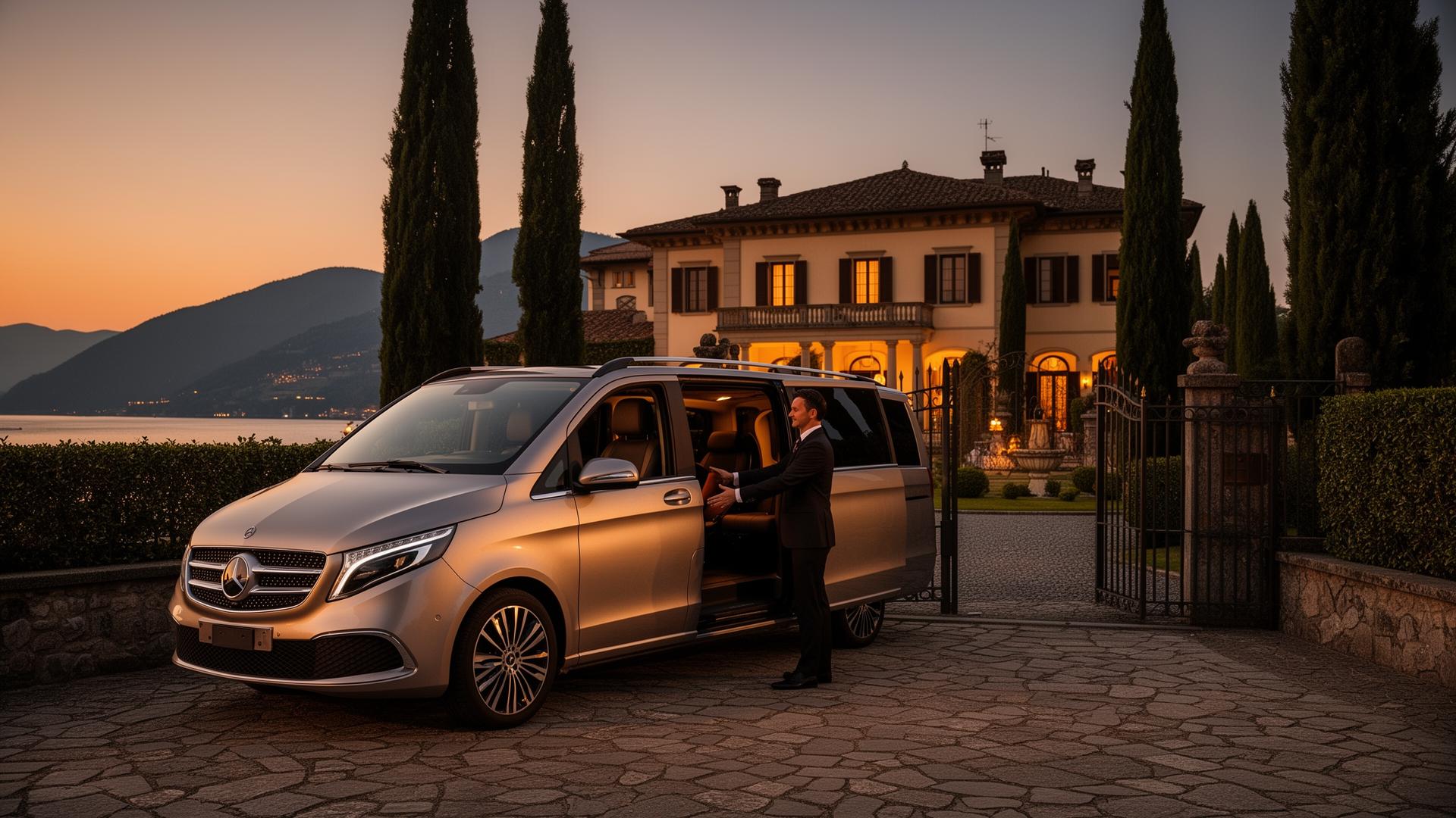 Chauffeur opening a car door at an Italian lakeside villa at dusk